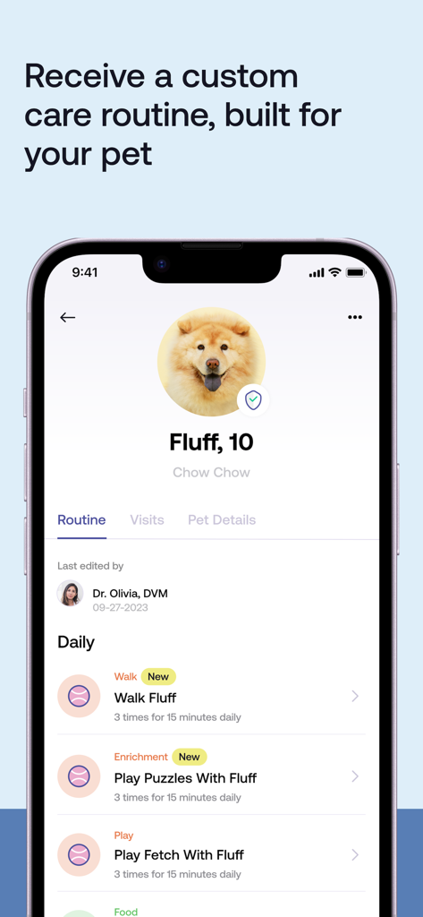Une capture d'écran mobile de l'application Pawp montrant une routine de soins quotidiens personnalisée pour un chien, y compris des promenades et des activités d'enrichissement.
