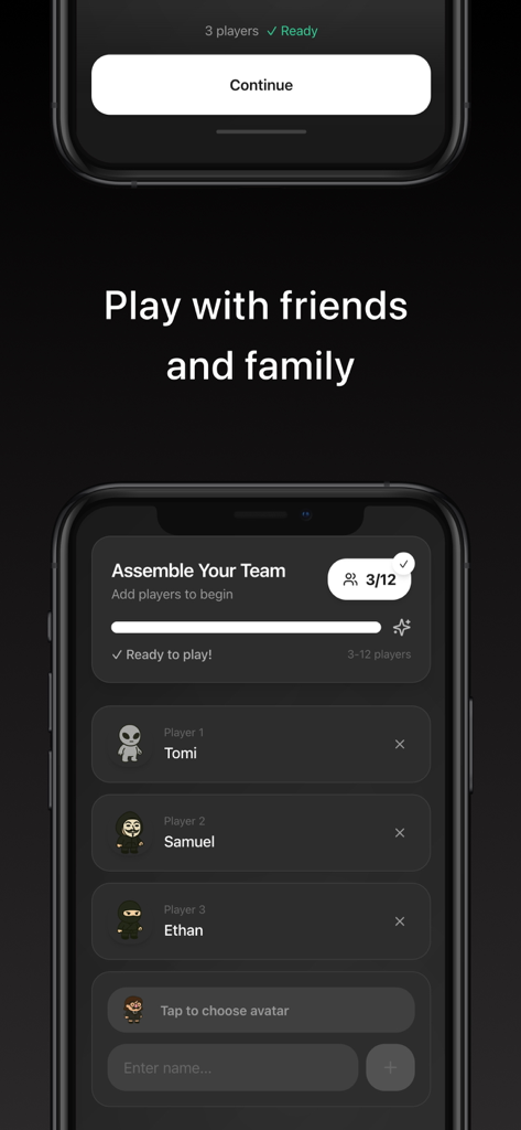 imposter.ai - 参加プレイヤーとそのカスタムアバターのリストを表示するimposter.aiアプリのプレイヤーセットアップ画面