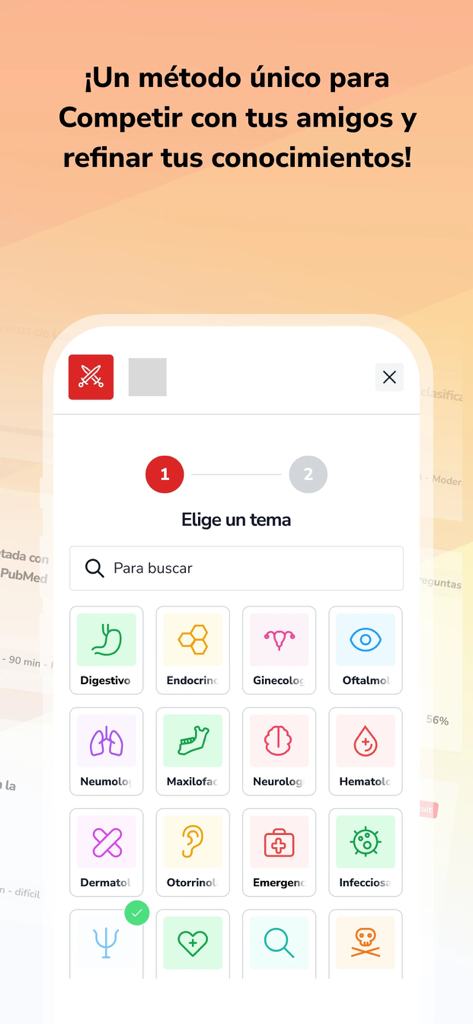prepMIR - Interface de l'application PREPMIR montrant une grille d'icônes de spécialités médicales à sélectionner pour l'étude et la pratique
