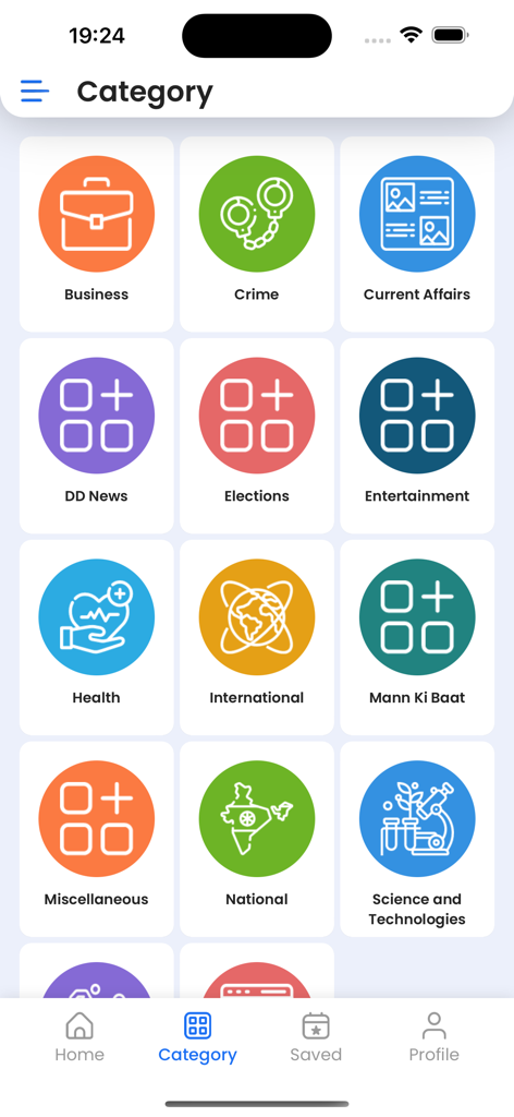 Una schermata dell'app mobile NewsOnAir che mostra una griglia di icone colorate di categorie tra cui Affari, Crimine, Elezioni e notizie Internazionali