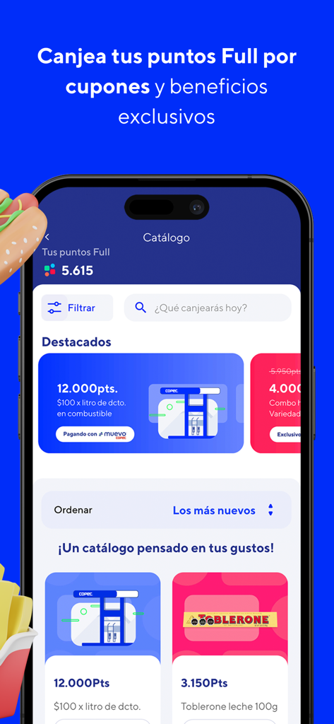 Interface of the Copec app rewards catalog showing fuel discounts and product coupons for loyalty point redemption