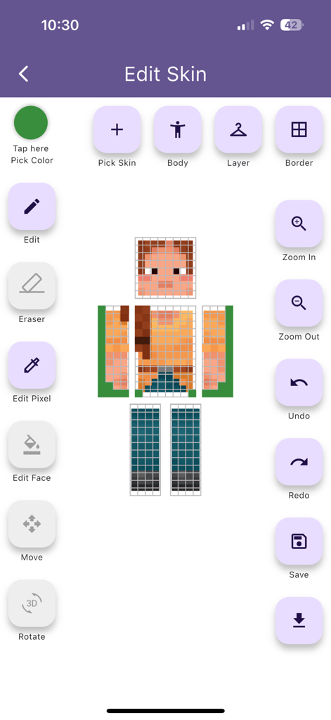 Editing screen of the Skin Editor 3D for Minecraft app showing a pixelated character layout and design tools