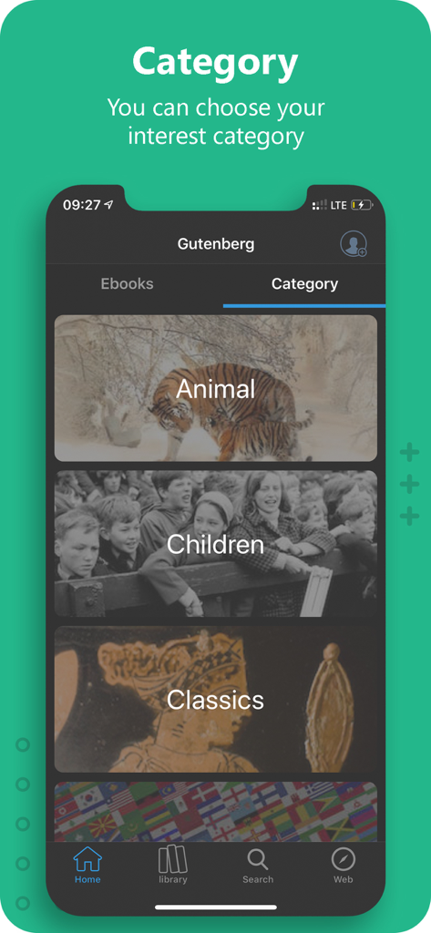 Gutenberg Ebook Reader interface showing book categories like Animal Children and Classics