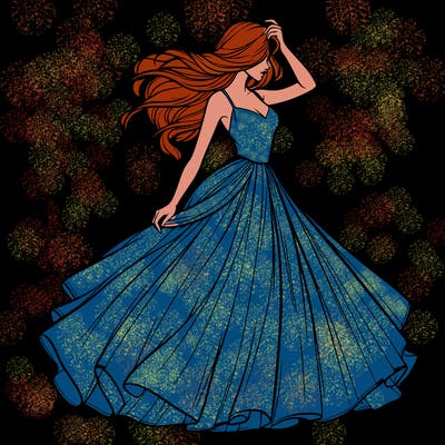 realistic woman with dress flowing in the wind