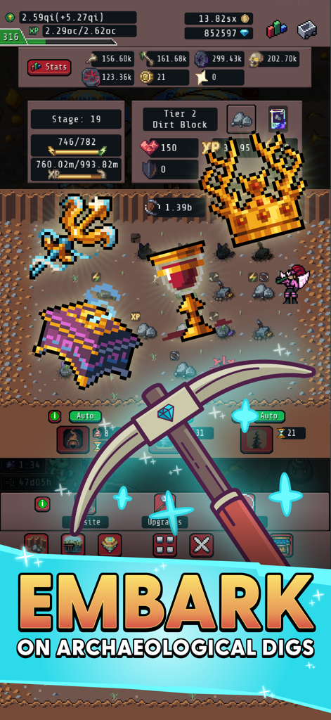 Idle Obelisk Miner - Gameplay of Idle Obelisk Miner showing a large pickaxe and pixel art artifacts like a golden crown and treasure chest