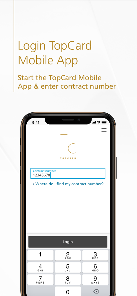 TopCard Security - TopCard Security app login screen asking for a contract number