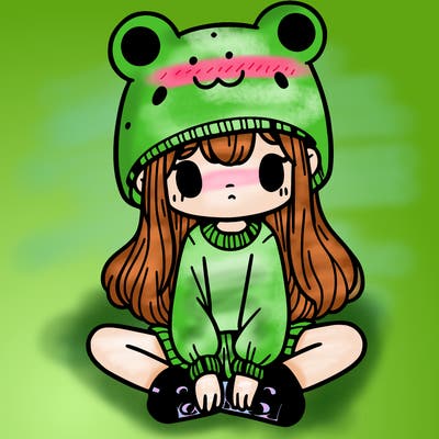 a girl wearing a frog hat and some frog socks