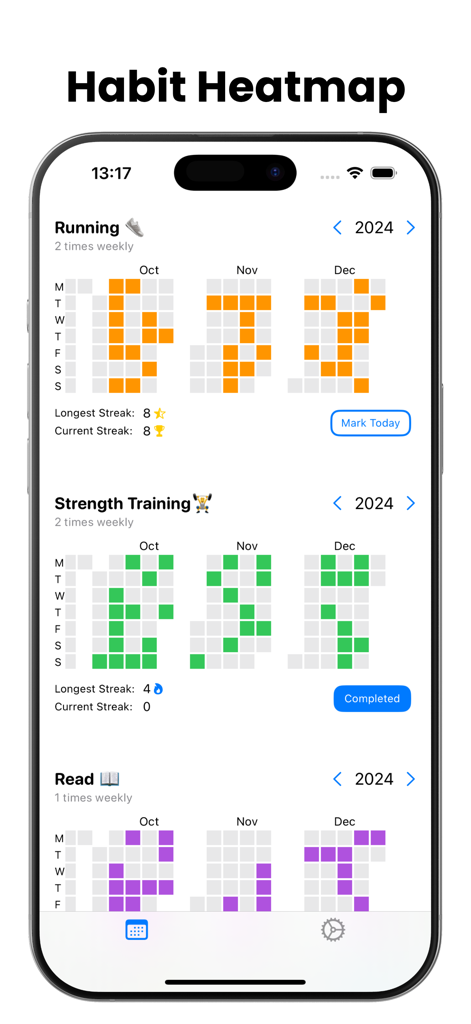 Habit Heatmap - Habit Heatmap app interface on iPhone showing visual progress for habits like running and strength training with GitHub-style heatmap grids.