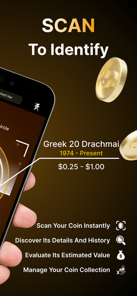 Coin Identifier: Scanner Value - Aplicación de smartphone escaneando una moneda griega de 20 Dracmas para mostrar su identidad y valor de mercado