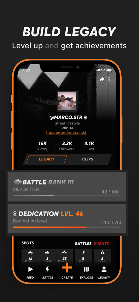 CityLegends: Skate BMX Parkour - CityLegends app user profile showing battle rank and dedication level for street sports