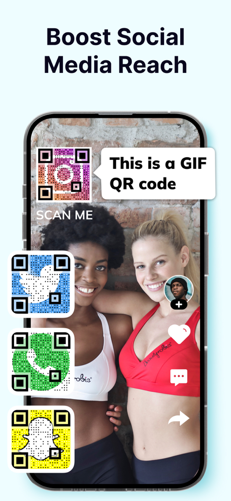 QR-Code Generator & QR Maker - Schermata di uno smartphone che mostra diversi codici QR personalizzati per i social media e un codice QR GIF sovrapposto a un video per aumentare la copertura.