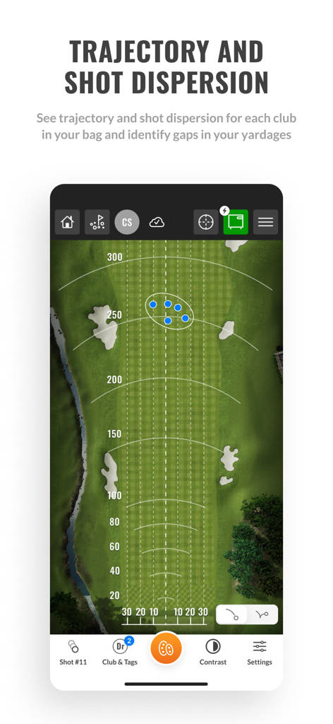 TrackMan Golf Pro - Interface de l'application TrackMan Golf Pro affichant la trajectoire et la dispersion des coups sur un practice de golf virtuel avec des marqueurs de distance