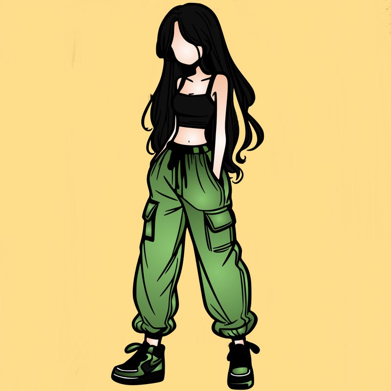 girl in baggy pants crop top and long hair
