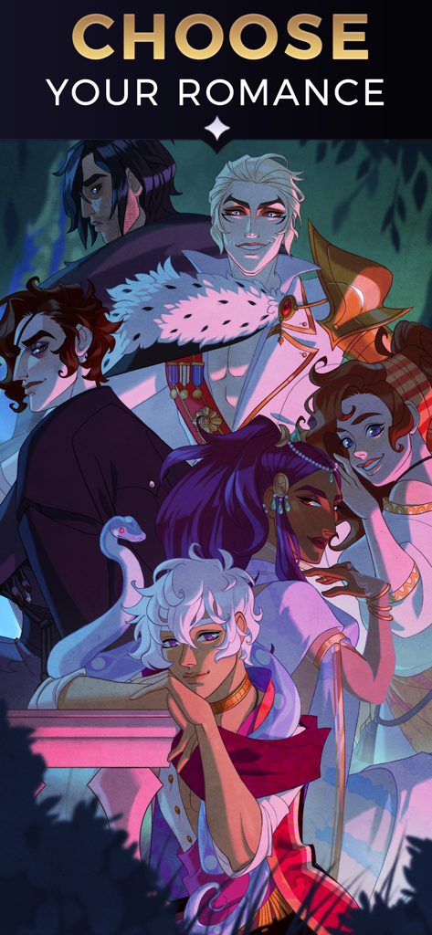 The Arcana: A Mystic Romance - Main characters of The Arcana A Mystic Romance visual novel with text Choose Your Romance