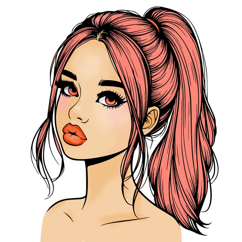realistic girl with ponytail on her hair and lips