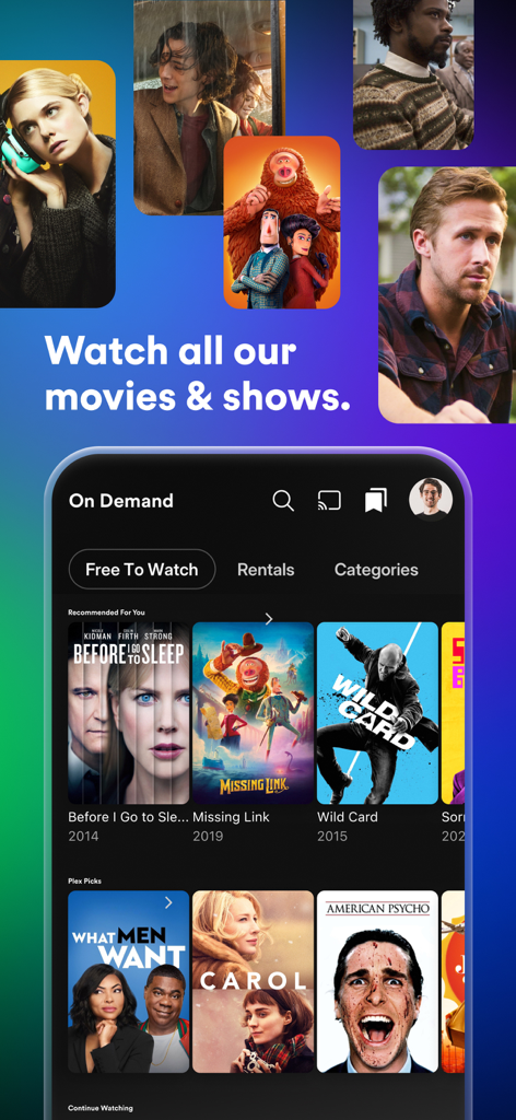 Plex mobile app showing a library of free on-demand movies and shows