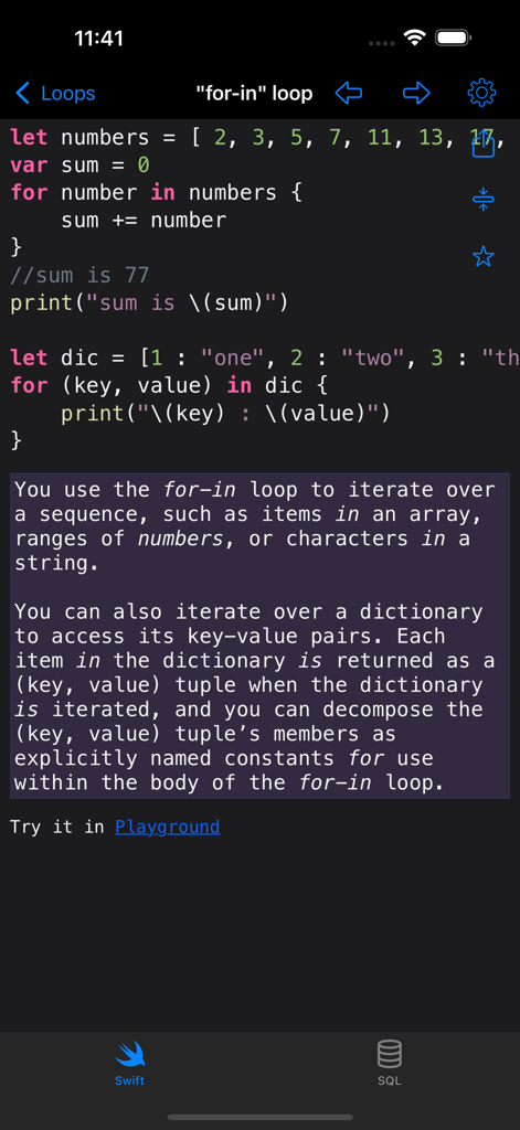 Recipes for Swift - Swift code example showing a for-in loop for arrays and dictionaries in the Recipes for Swift app