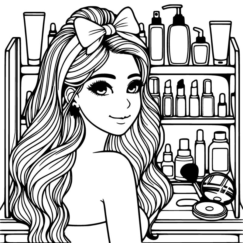 realistic girl with a vanity full of skincare and makeup behind her