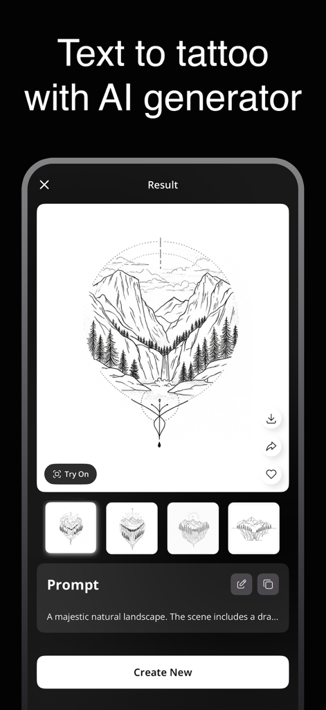 Ink.Art: Tattoo AI Generator - AI-generated mountain landscape tattoo design on the Ink.Art app screen with a text prompt