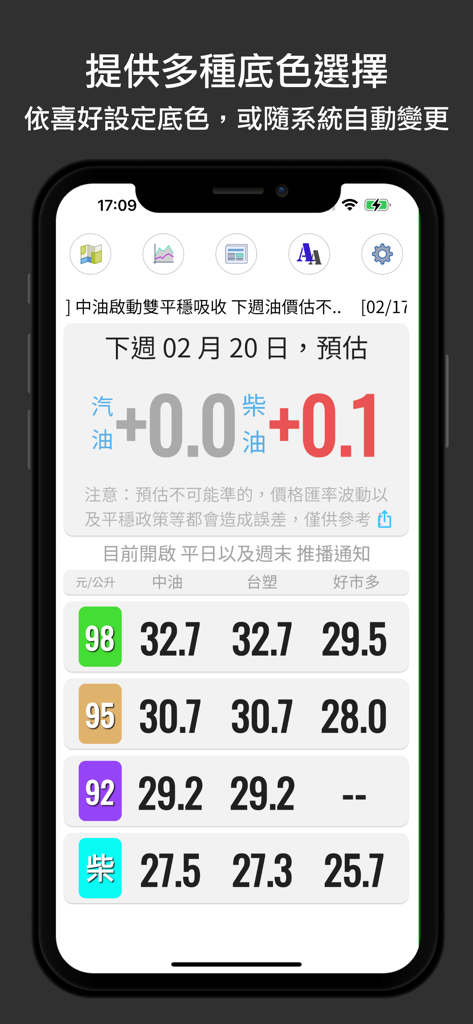 油價快訊 - Smartphone interface of the Oil Price News app showing fuel price predictions and current prices from various gas stations in Taiwan with background color customization options.