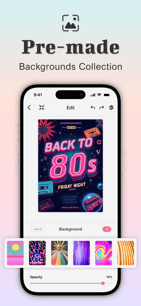 Poster Maker - Flyer Maker Ads - Mobile app interface showing a collection of pre-made backgrounds for designing an 80s retro flyer.