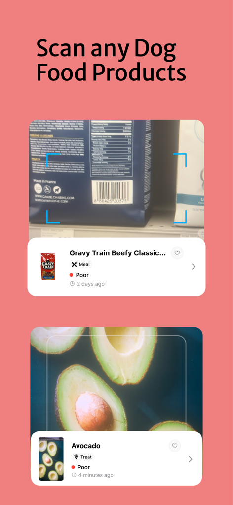 Mobile app screen showing a barcode scan of dog food and a food safety analysis of an avocado