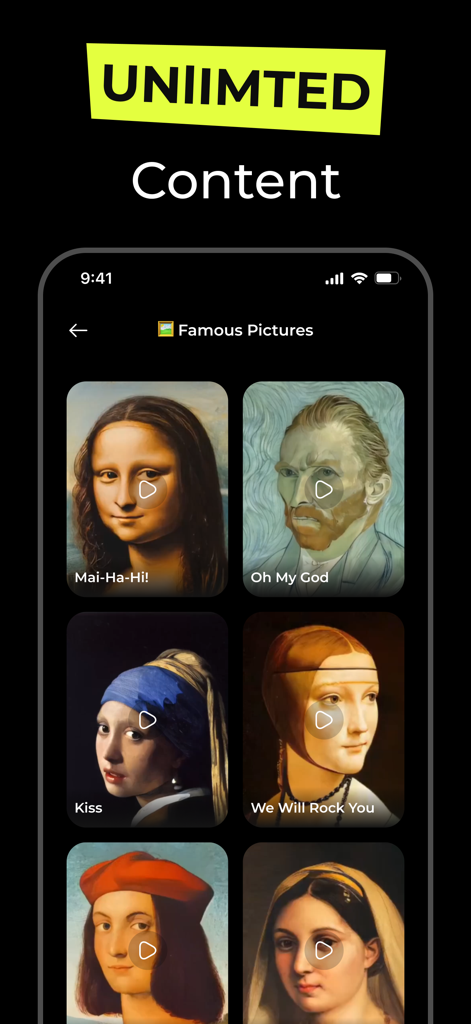AI Hug & Kiss Video Creator - Mobile app interface featuring AI video templates for animating famous paintings like the Mona Lisa.