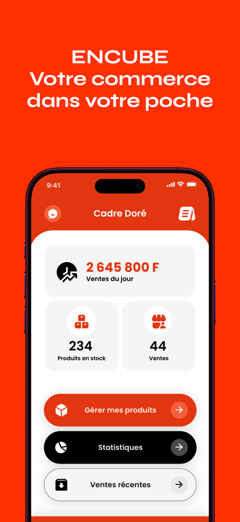 Encube - Panel de la aplicación móvil Encube que muestra los ingresos diarios por ventas, productos en stock y estadísticas del negocio