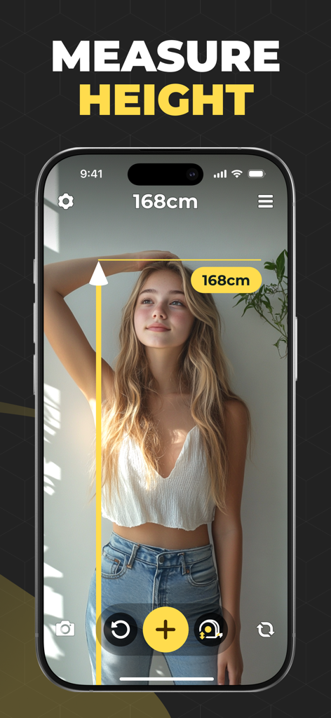 Tape Measure : AR Ruler Tool - AR app measuring a young woman's height in centimeters