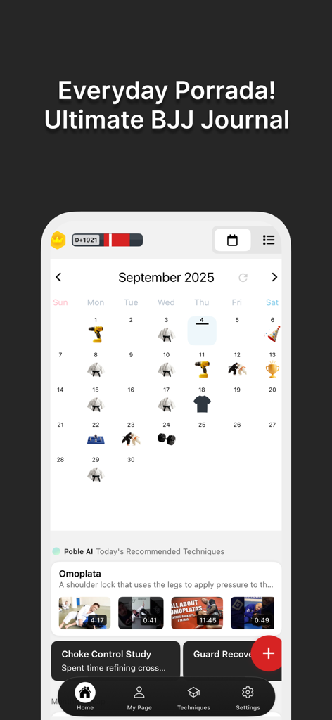 Post Black Belt 저널 앱의 주짓수 훈련 캘린더 및 AI 기술 제안