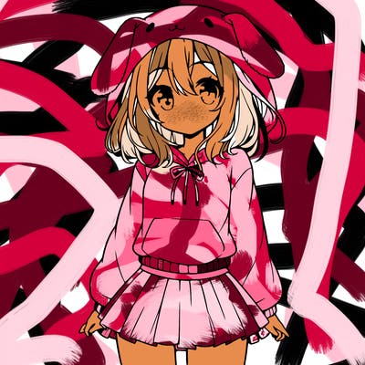 pretty anime girl wearing a fluffy hoodie with bunny ears on the hood and a skirt