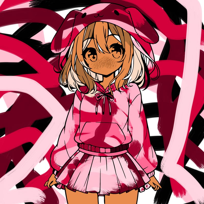 pretty anime girl wearing a fluffy hoodie with bunny ears on the hood and a skirt