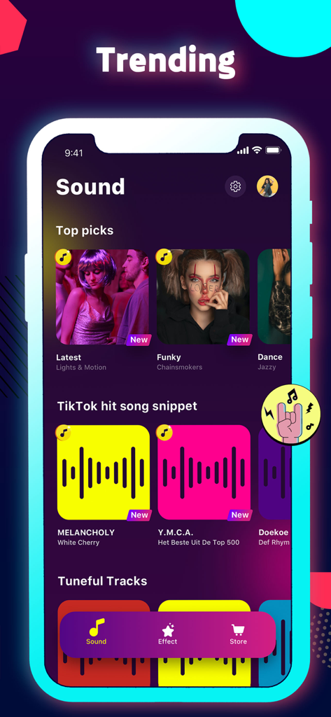 TikFamous - Vid & Music Effect - Screenshot of the TikFamous app sound library showing trending music and hit song snippets for TikTok creators.