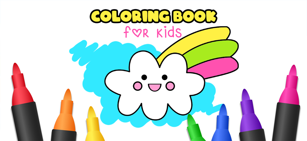 Coloring book Kids Art game - Coloring book for kids app banner with a smiling cloud rainbow and colorful markers