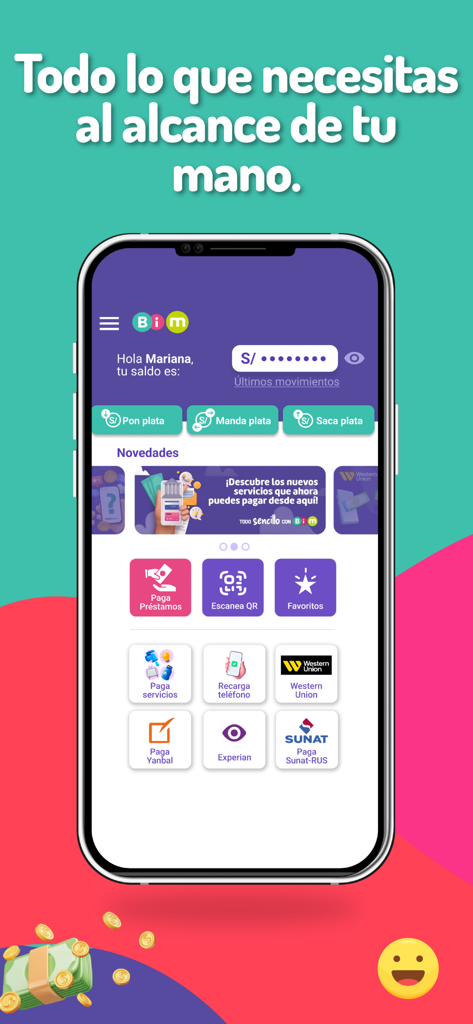 Bim - Interface do aplicativo móvel Bim para gerenciar transferências de dinheiro e pagamentos de contas no Peru