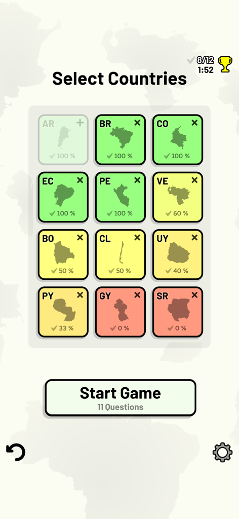 A selection screen in the South American Countries Quiz app showing country silhouettes, ISO codes, and progress percentages.
