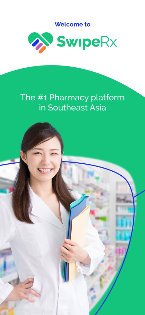 SwipeRx - Welcome screen for SwipeRx pharmacy app featuring a smiling female pharmacist in a lab coat