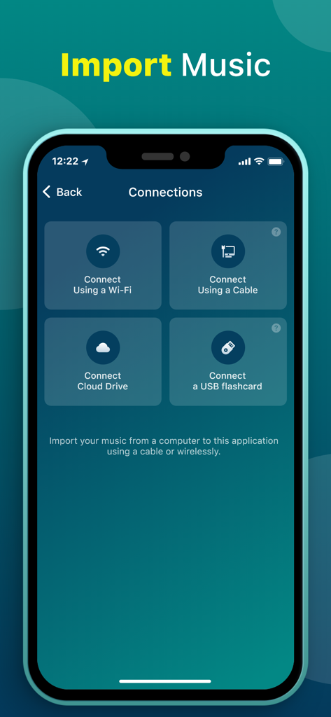 Application de lecteur de musique hors ligne montrant les options pour importer de la musique via WiFi, câble, lecteur cloud ou USB