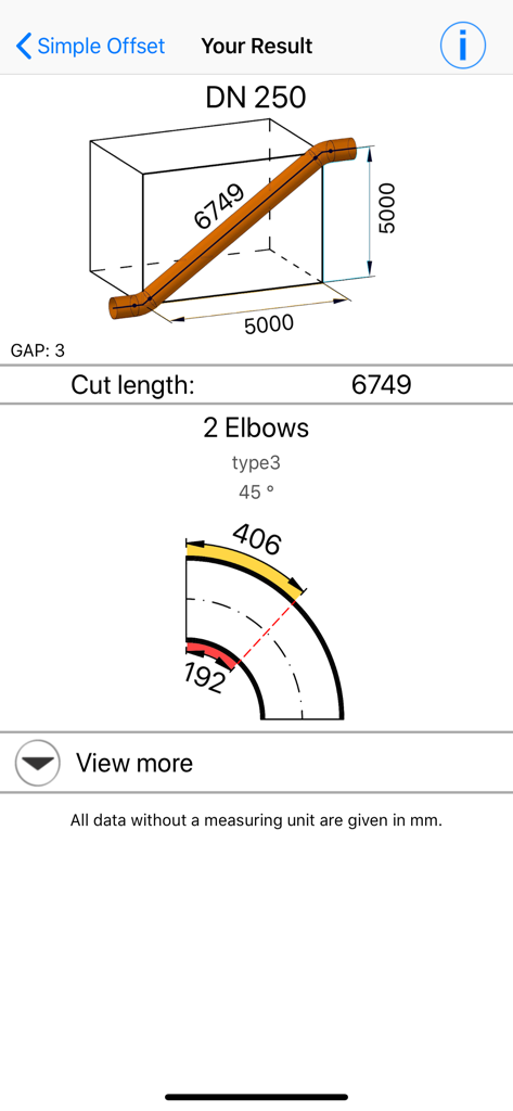Offset Calc App - Calculation results for a pipe offset showing cut length and elbow details