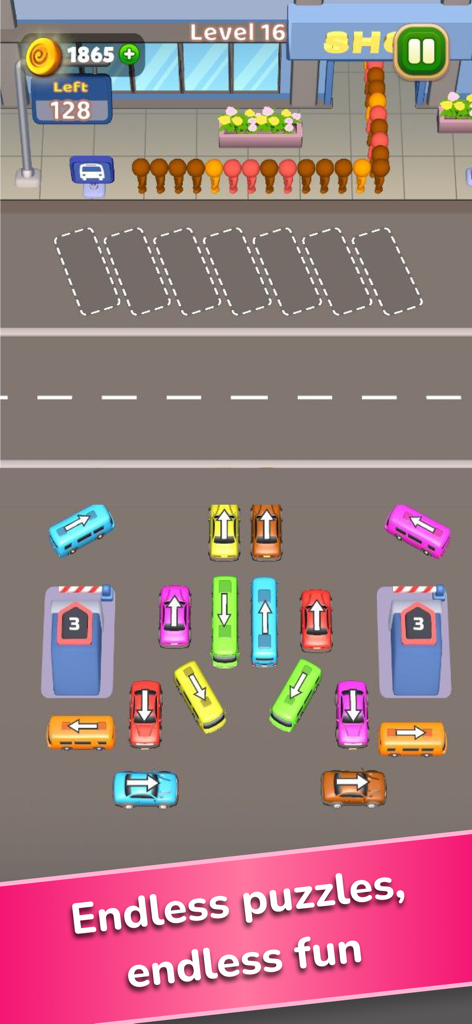 Car Jam Solver: Traffic Puzzle - A top-down view of a traffic puzzle game featuring colorful cars and buses with directional arrows and a queue of people waiting near a shop.