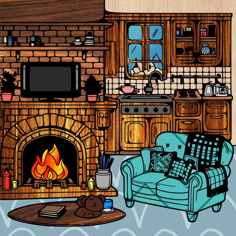 fireplace with comfy chair and a bed with a kitchen and tv