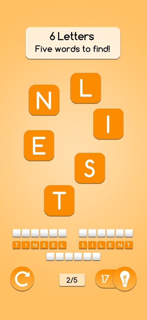 AnagrApp - Fun Word Game - AnagrApp gameplay screen showing a six letter anagram puzzle with the letters N L I S T E.