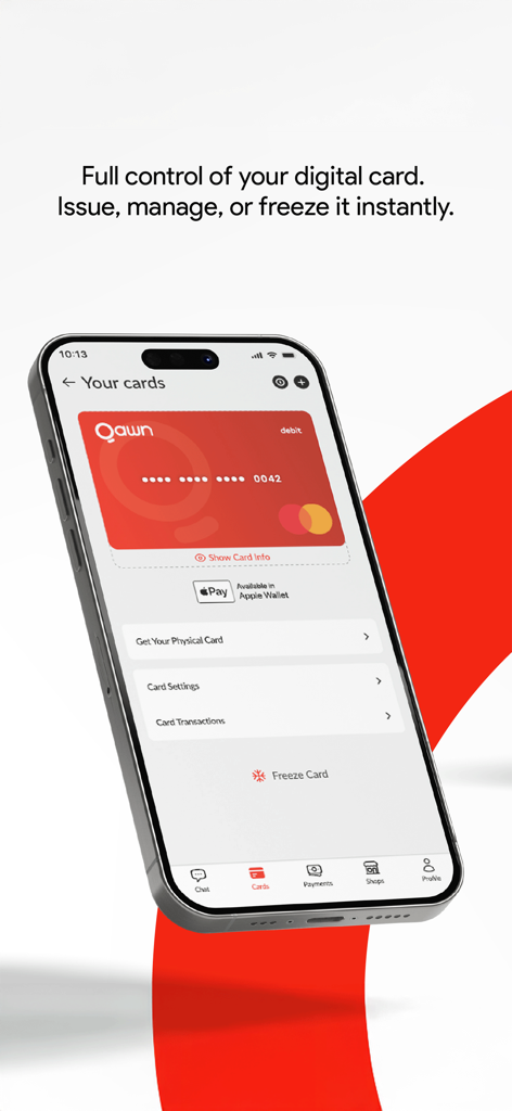 iPhone画面に、Qawnアプリのデジタルデビットカード管理とカード凍結機能が表示されています