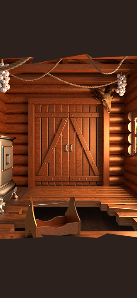 100 Doors Challenge - Log cabin interior with wooden double doors in 100 Doors Challenge