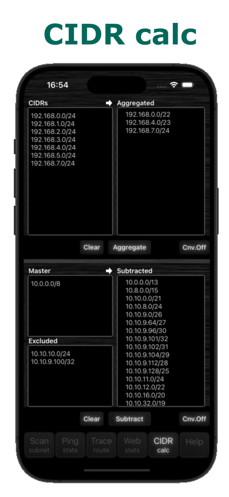 Handy Net Tools - Handy Net Tools CIDR calculator interface showing IP address aggregation and subtraction