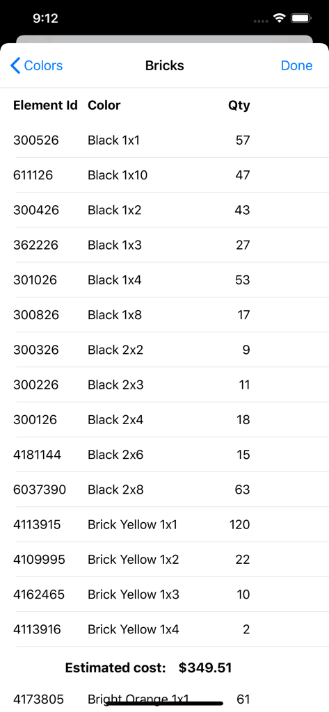 Liste détaillée des briques LEGO avec les couleurs et les quantités pour un projet de mosaïque