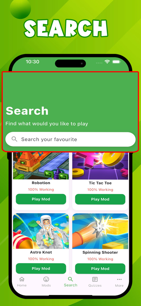 HappyMod - Écran de recherche de l'application HappyMod montrant une barre de recherche et une collection de jeux mobiles occasionnels comme Tic Tac Toe et Astro Knot.