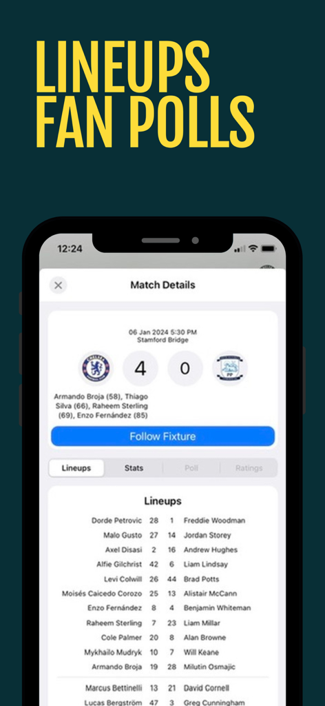 Football News 365 - Soccer - Interfaccia dell'app Football News 365 che mostra le formazioni delle partite di calcio e i sondaggi dei tifosi.
