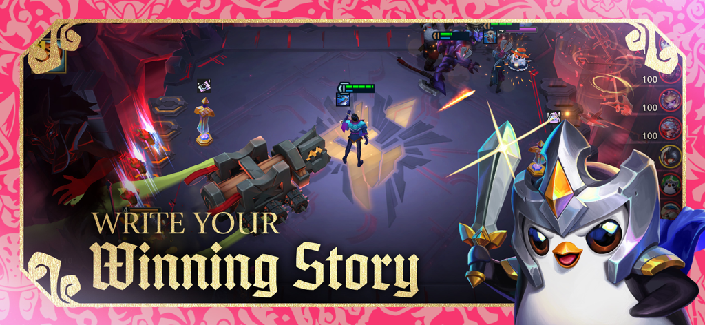 TFT: Teamfight Tactics - A screenshot of Teamfight Tactics featuring a knight penguin mascot and the slogan Write Your Winning Story
