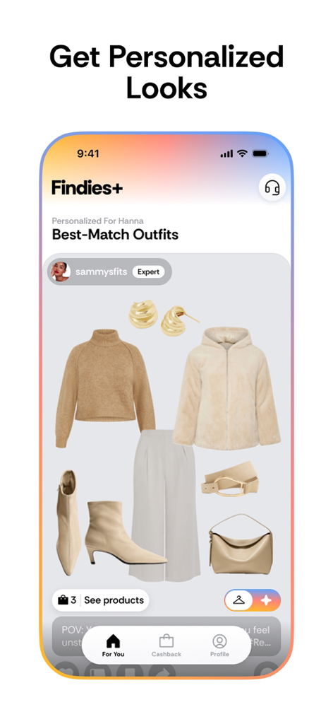 A screenshot of the Findies app showing personalized outfit recommendations curated by experts for a user.